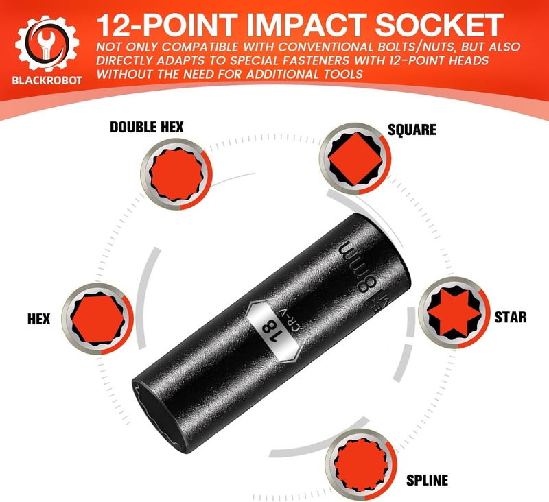 BLACKROBOT 18 mm 12-Point Deep Impact Socket, 1/2 Inch Drive, Metric, Cr-V Steel With Black Manganese Phosphate Coating - Image 3